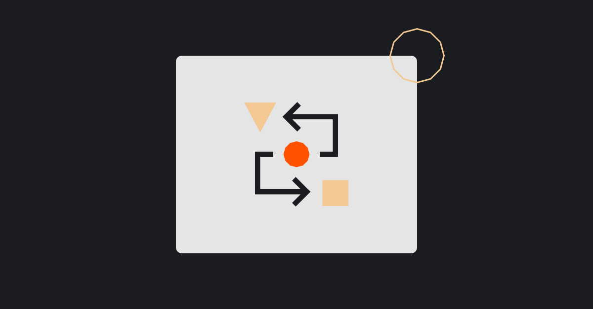 Orange circle in the middle of a white square with 2 black arrows; one pointing to a triangle and one pointing to a square