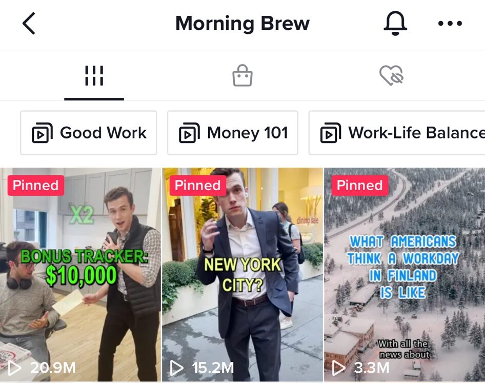 Morning Brew's TikTok Account with example videos