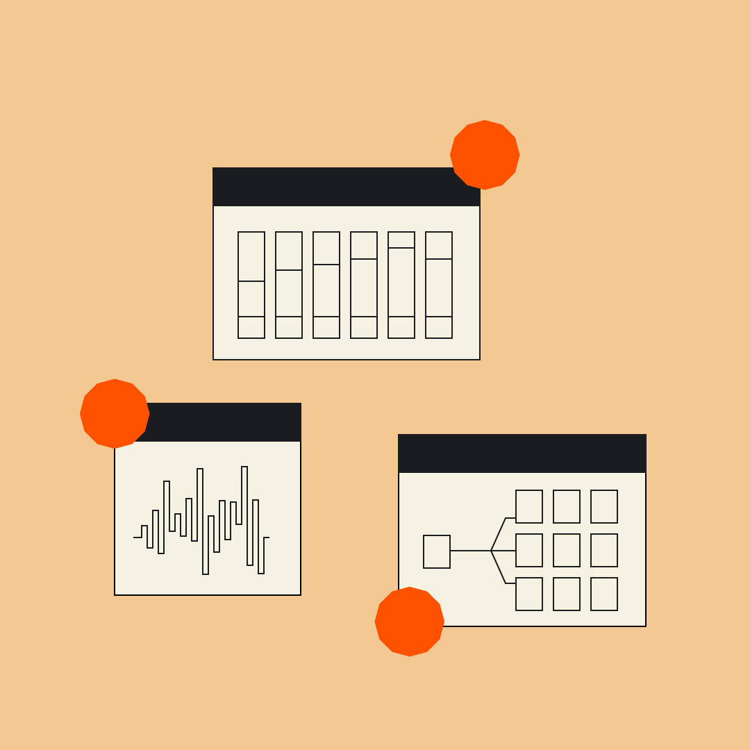 3 data graphic icons on a light orange background to illustrate Microsoft Sharepoint.