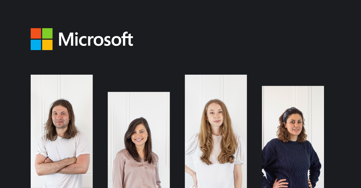 Photos of Fifty Five and Five's Marketing experts and copywriter on a dark background with the Microsoft logo on the top left.