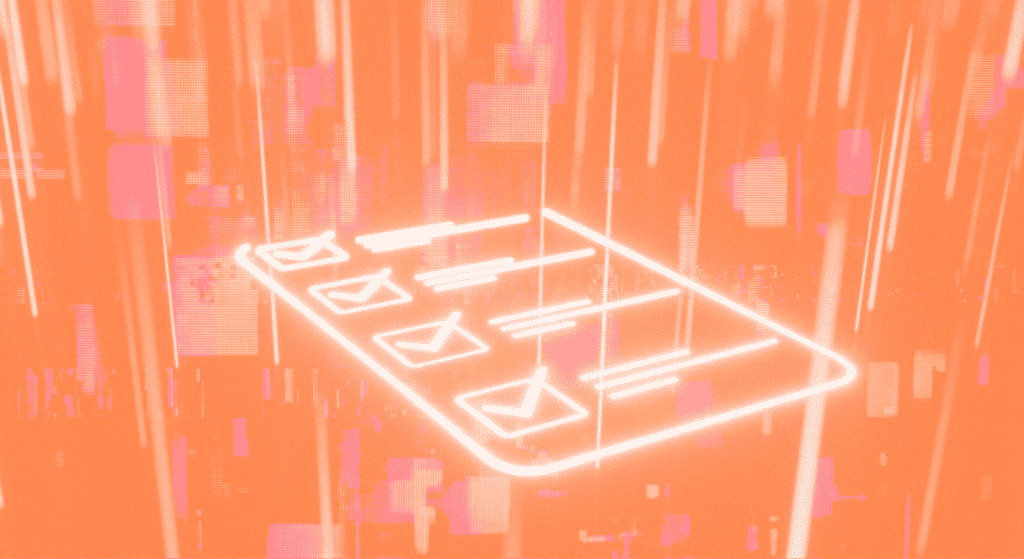 Glowing neon checklist with checkboxes floating in an orange digital cityscape representing SEO automation tasks at scale.
