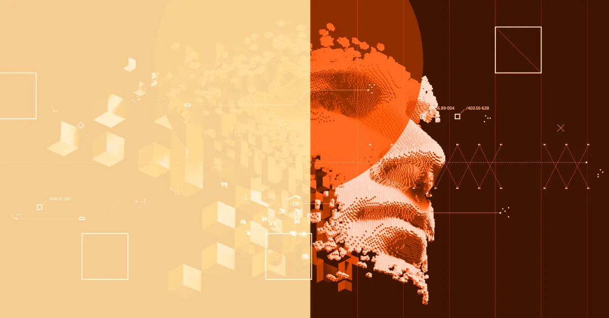 Abstract digital artwork of an AI face composed of data particles and geometric shapes.