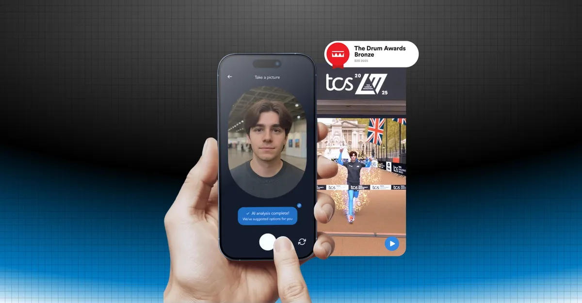 TCS London Marathon runner avatar app showing a selfie interface on a phone and the AI-generated avatar crossing the finish line, winner of The Drum Awards Bronze