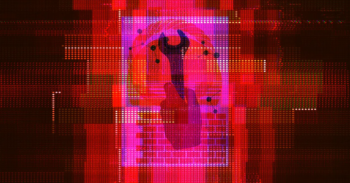 Digital art representation of AI adoption with abstract geometric shapes and a human face.