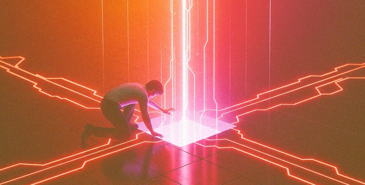 Digital art representation of AI adoption with abstract geometric shapes and a human face.