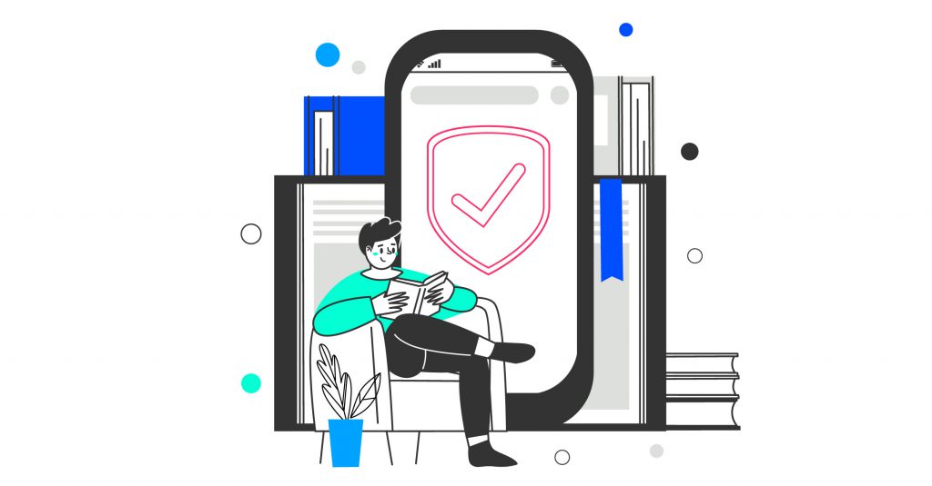 Illustration man sitting with giant smartphone with shield icon