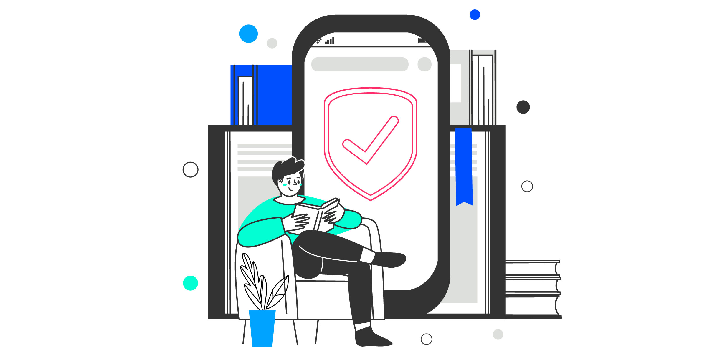 Illustration man sitting with giant smartphone with shield icon
