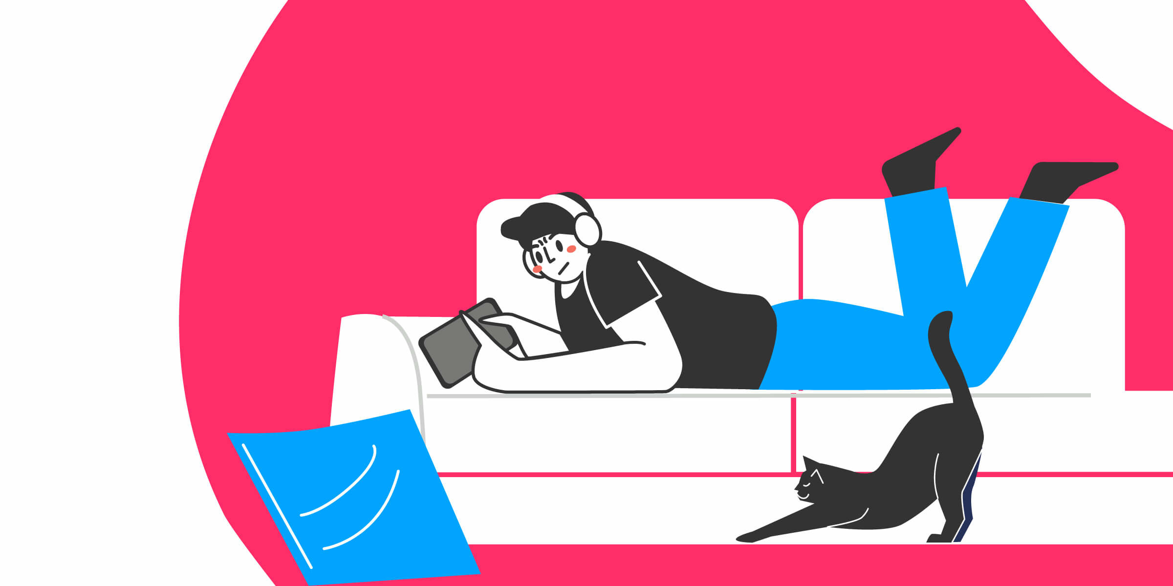 Illustration man on sofa listening to a B2B podcast with headphones