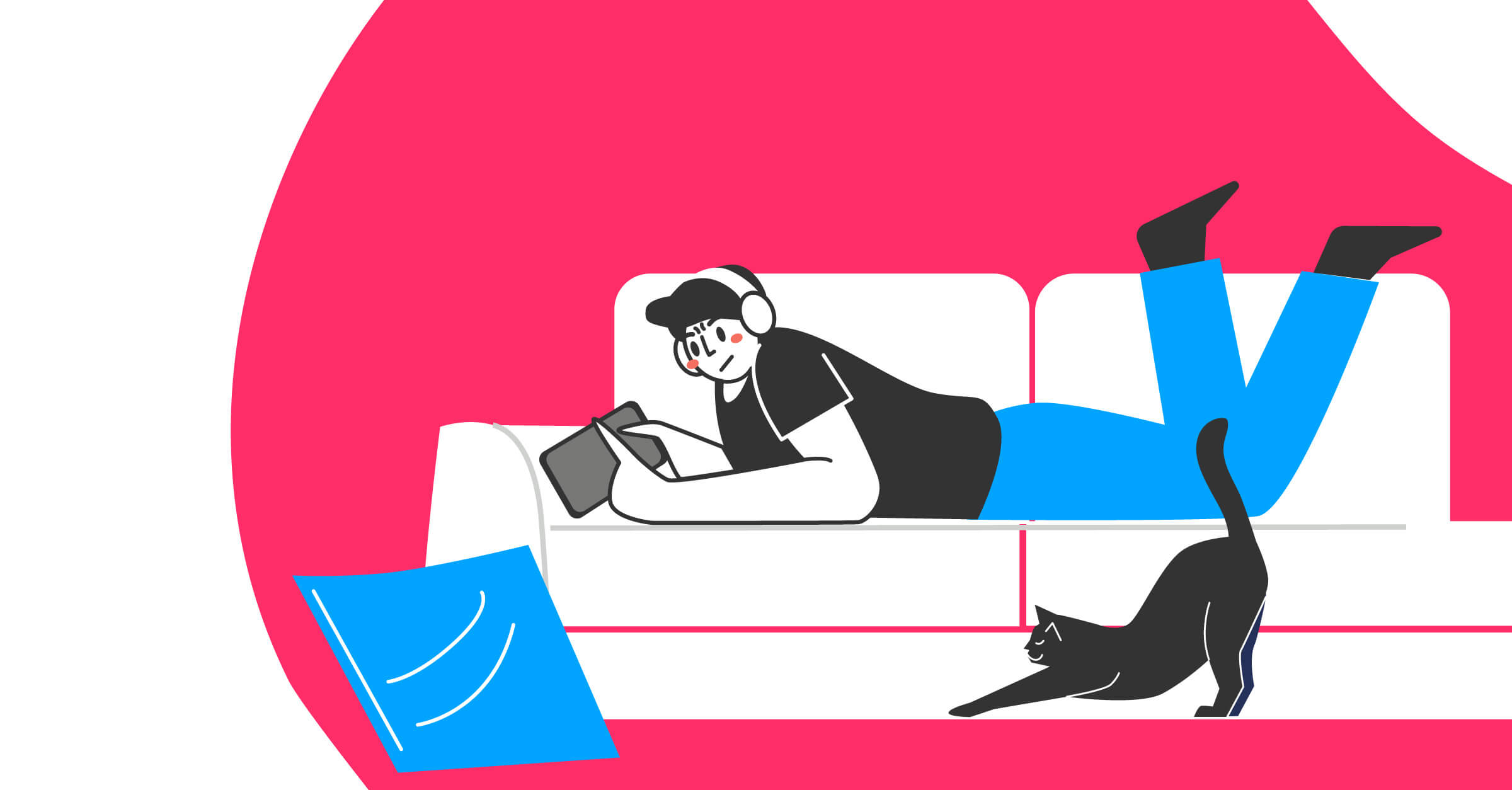 Illustration man on sofa listening to a B2B podcast with headphones