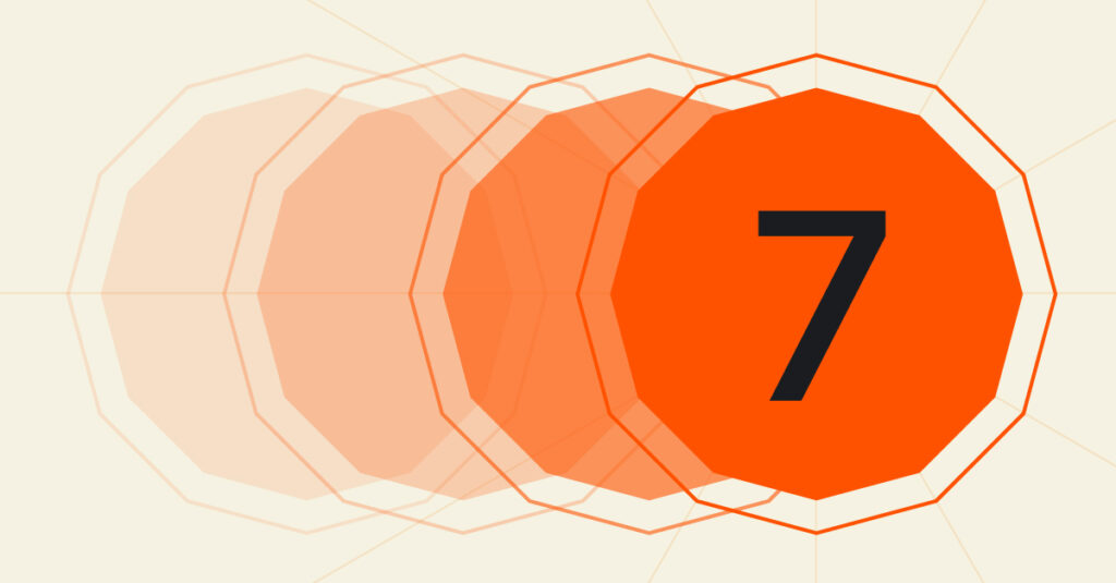 7 digital marketing technologies represented by the number 7 in an orange dodecagon shape, moving to the right.