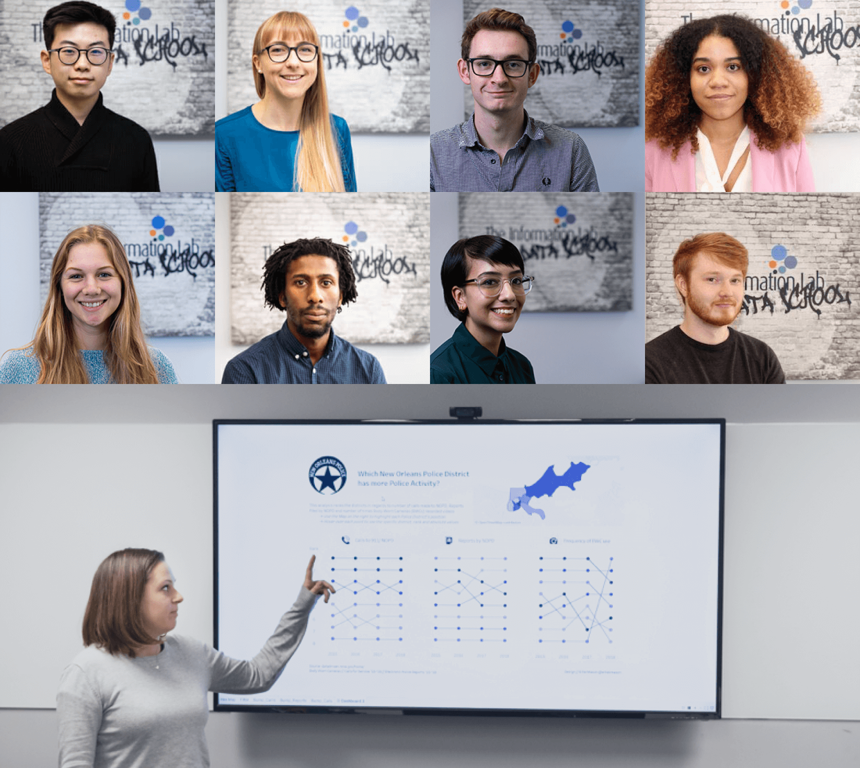 A woman giving a presentation with a collage of team members at the top.