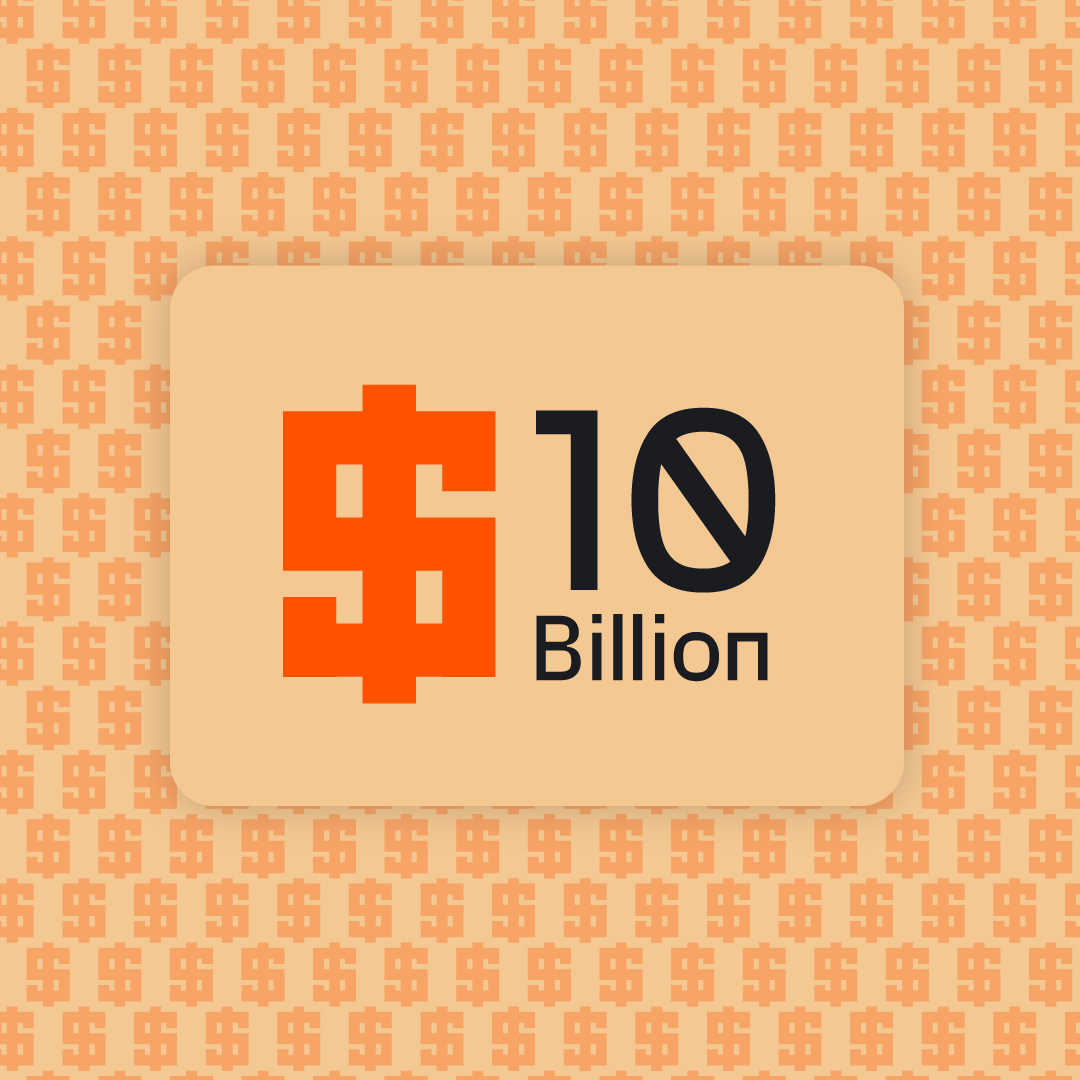 '$10 billion' on an orange patterned background