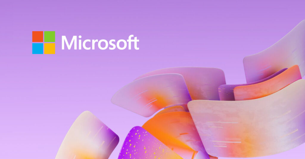 Microsoft pink/purple imagery with the Microsoft logo on the top left.