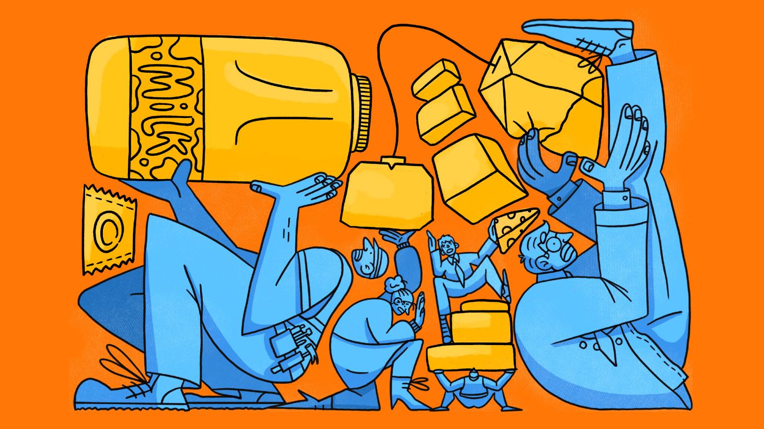 Blue figures holding up various objects against an orange background.