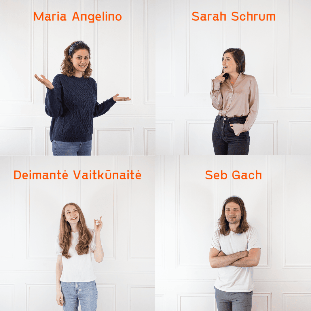 Headshots of the interviewer (Seb Gach) and the 3 participants (Maria Angelino, Sarah Schrum and Diemante Vaitkunaite). 