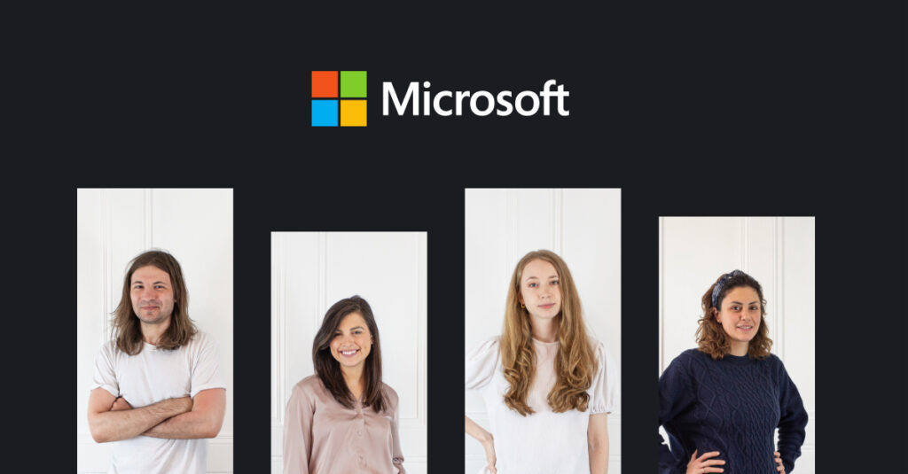 Photos of Fifty Five and Five's Marketing experts and copywriter on a dark background with the Microsoft logo at the top.