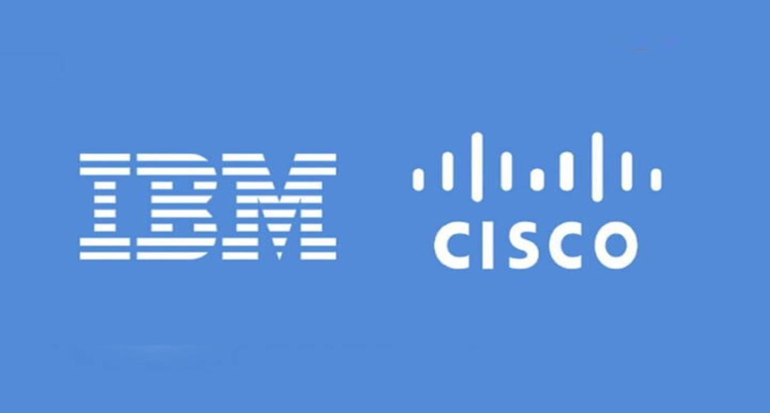 Logo of IBM and Cisco on a blue background.