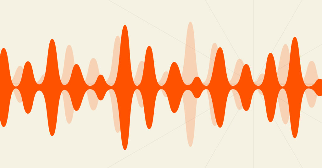 Overlapping soundwaves in 2 tones of orange, with a light background.