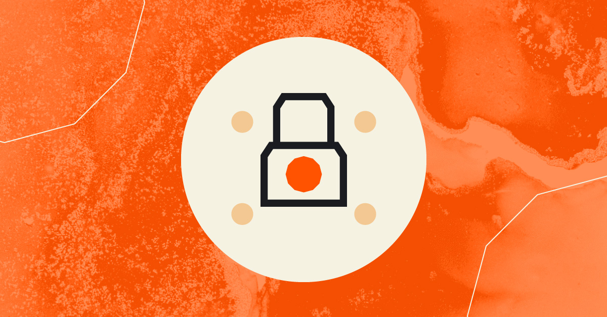 Padlock icon on a white circle in front of a marble orange background.