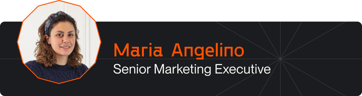 Audio card - image of Maria with her name and job title on a black rectangle.