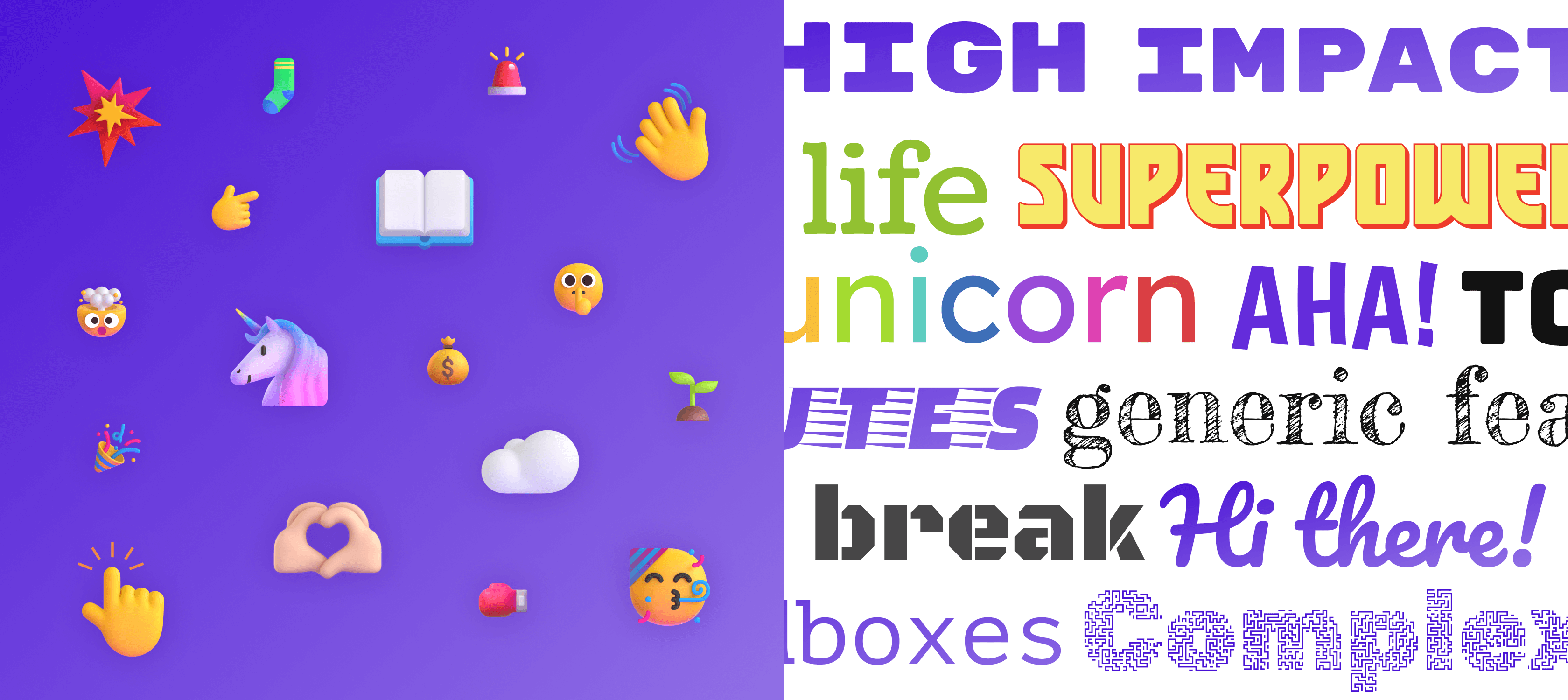 On the left purple square are various emojis spread out; on the right white square are various texts in funky fonts and colours.