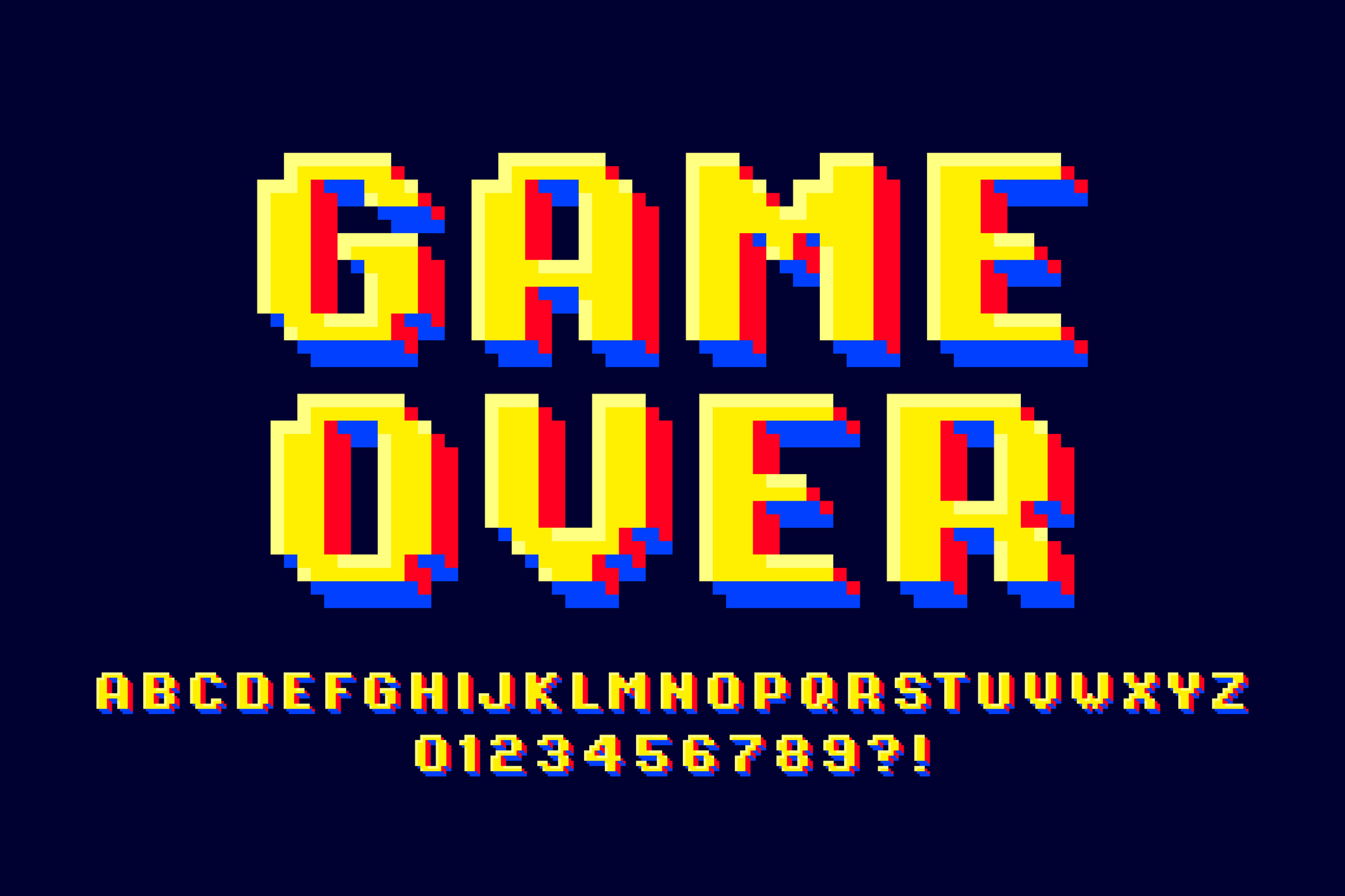 Pixel retro arcade game style font that says "Game Over" and has letters and numbers below.