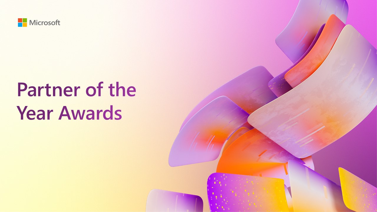 Microsoft promotion for Partner of the Year Awards on a yellow, pink background with a pink complex image on the right.