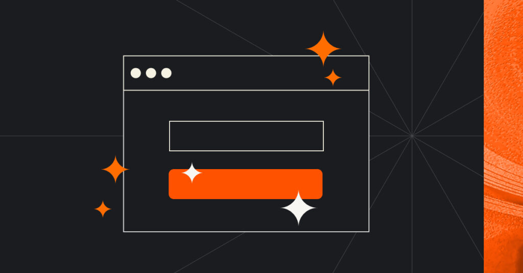 Simple outline of a web page with organge button and star icons around it. Black background with orange right border.