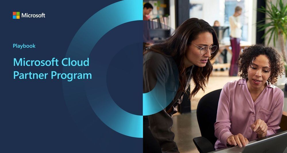 Microsoft Cloud Partner Program playbook thumbnail with 2 women conversing in an office on the right half.