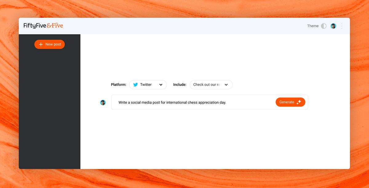 Fifty Five and Five's generative AI platform for social post generator.