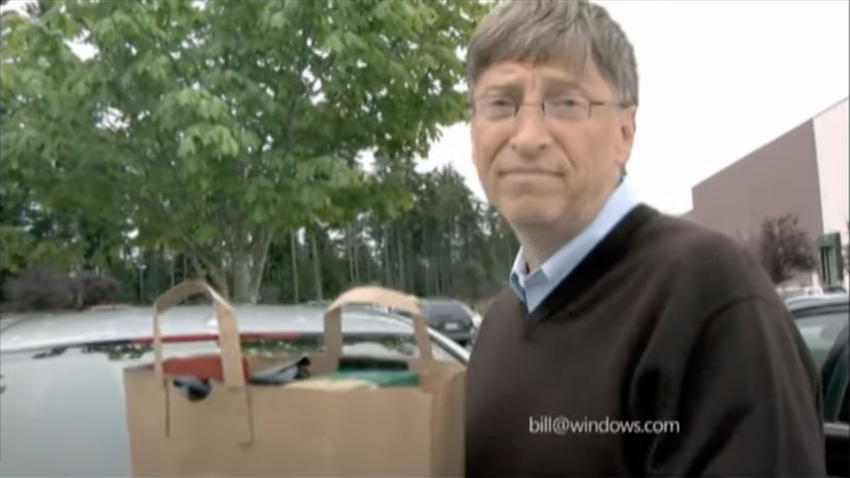 Bill Gates holding a paper bag for his "I'm a PC" campaign,
