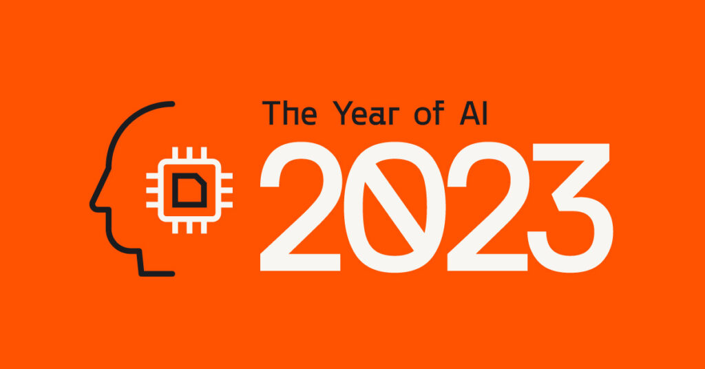The Year of AI 2023 with a computer chip illustration.