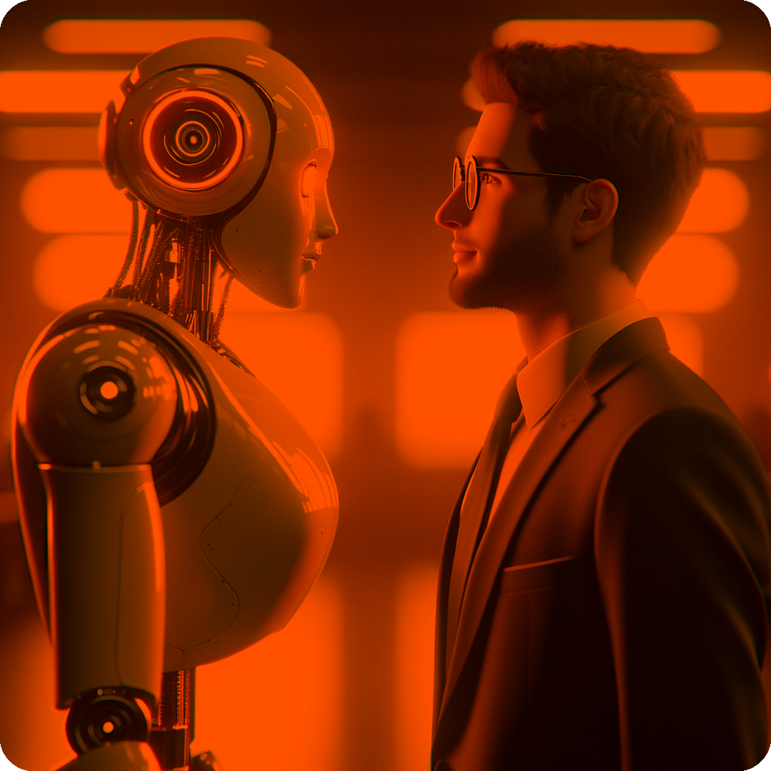 Robot and human facing each other as they collaborate.
